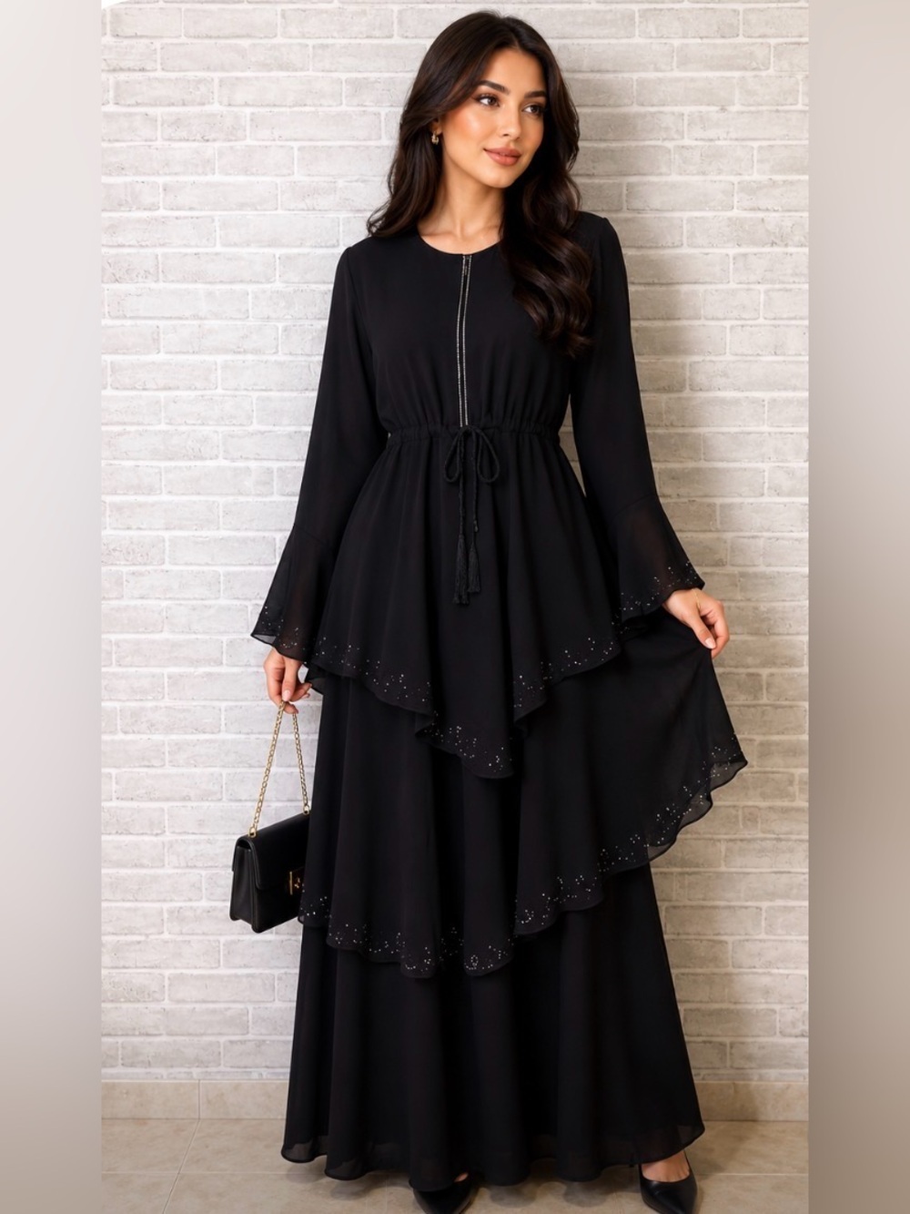 Black Tiered Maxi Dress with Drawstring Waist, size 6
